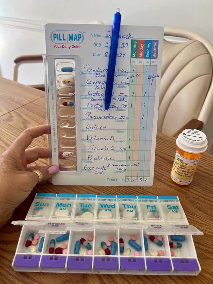 Hand holding Pillmap product along with a weekly med organizer and prescription bottle